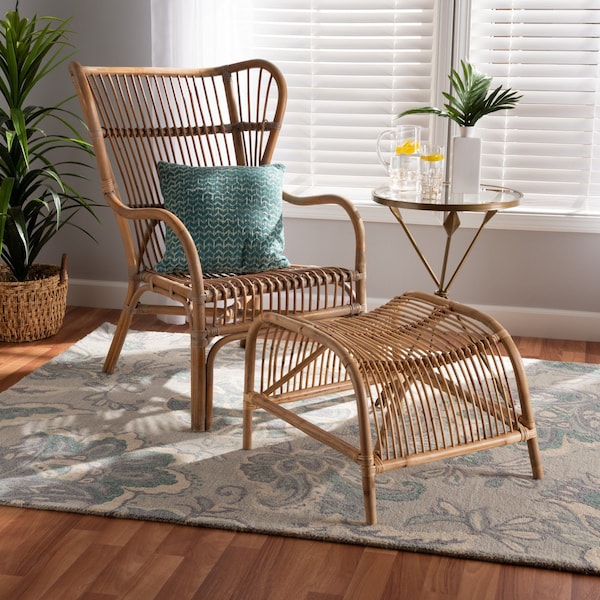 Baxton Studio Lamaria Modern Bohmenian Natural Brown Antique Rattan 2Piece Chair and Footstool Set 219-12715-12716-ZORO - main